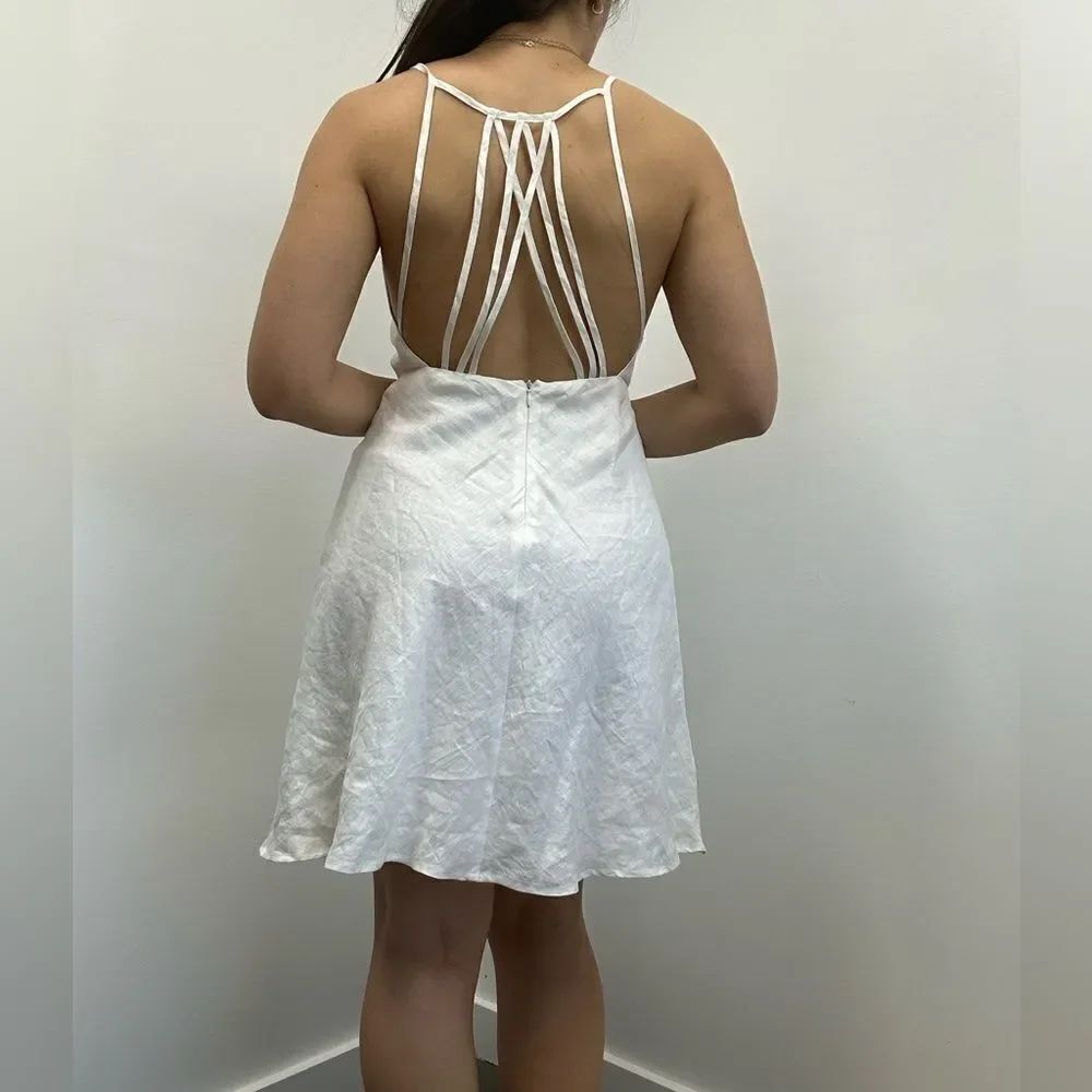 Azulu White Linen Open back Cross Strappy Back Mini Dress A-line Skirt Size 2 - Picture 5 of 12